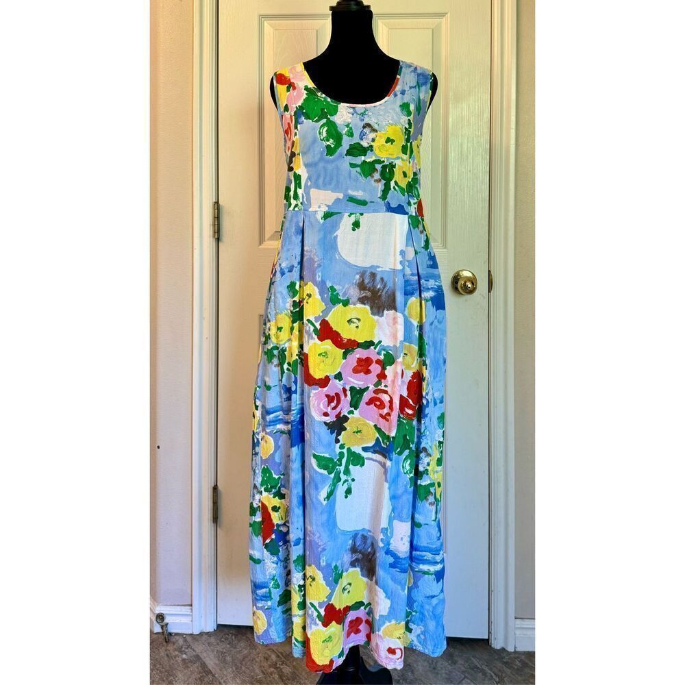Vintage 80's Jams World Summer Midi Crinkle Floral Tank Sun Dress Size Medium